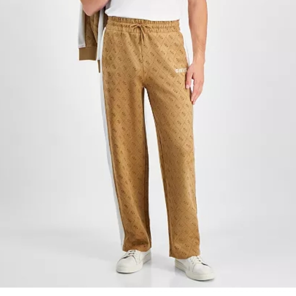 GUESS Men's Tan Logo Mojo Pant Joggers with White Stripes Size MEDIUM NWT